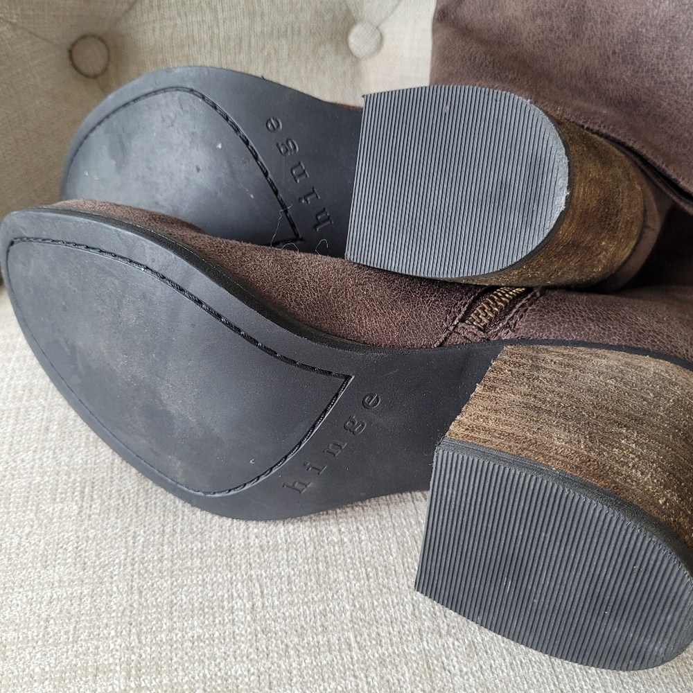 Hinge Boots Canton Brown Over The Knee Distressed 3" Chunky Block Heel S… - Picture 9 of 11